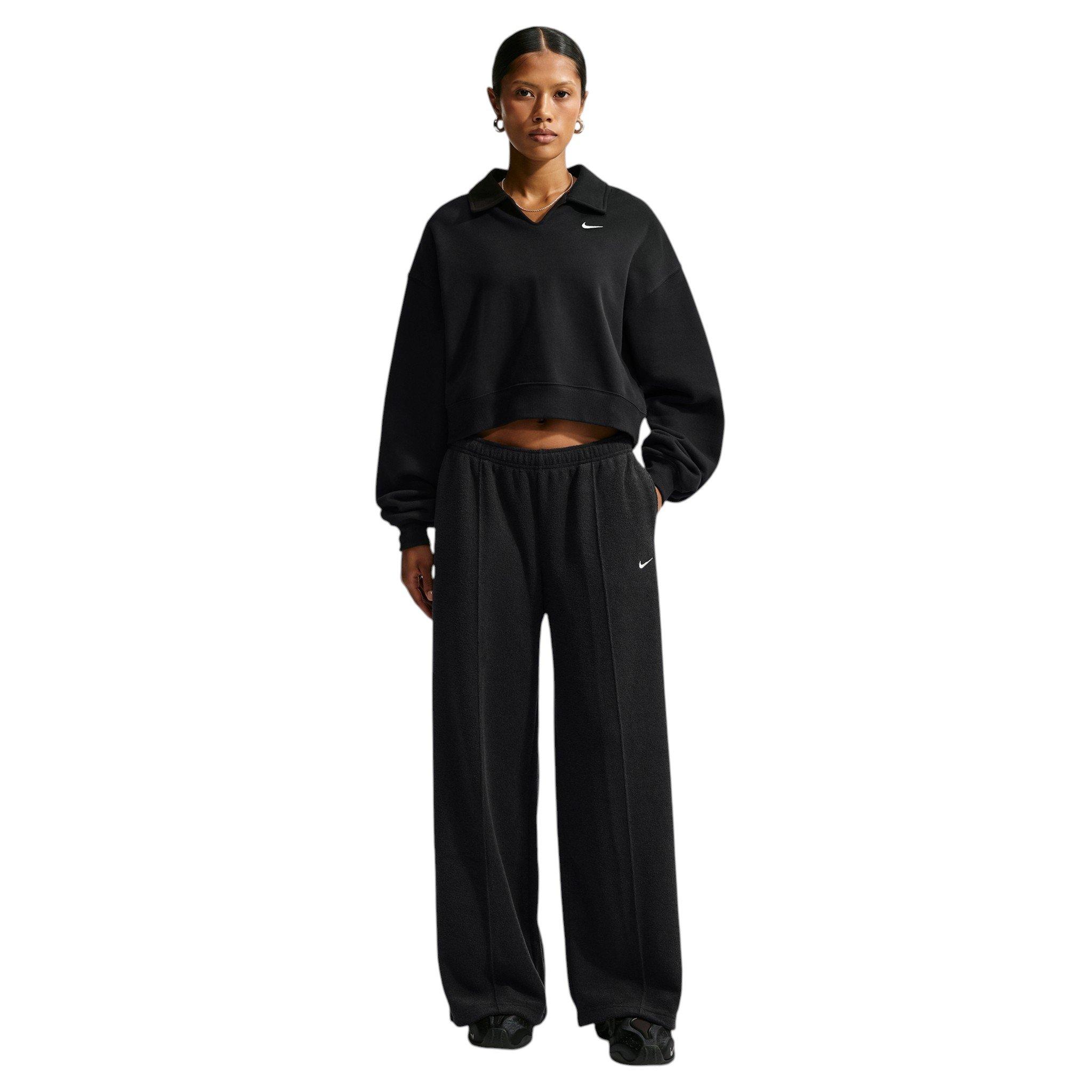 Nike Women's Studio Fleece Plush Mid-Rise Wide-Leg Sweatpants - Black/Off-White - BLACK/OFF-WHITE